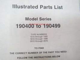 Briggs &amp; Stratton Illustrated Parts List Model Series 190400 to 190499 varaosaluettelo, tyypit näkyvät kuvissa