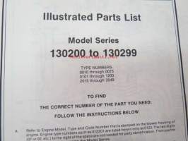 Briggs &amp; Stratton Illustrated Parts List Model Series 130200 to 130299 varaosaluettelo, tyypit näkyvät kuvissa