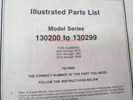 Briggs &amp; Stratton Illustrated Parts List Model Series 130200 to 130299 varaosaluettelo, tyypit näkyvät kuvissa