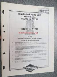 Briggs &amp; Stratton Illustrated Parts List Model Series 80200 to 80299 / 81200 to 81299 varaosaluettelo, tyypit näkyvät kuvissa