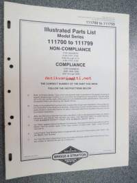 Briggs &amp; Stratton Illustrated Parts List Model Series 111700 to 111799 varaosaluettelo, tyypit näkyvät kuvissa