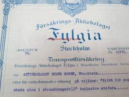 Försäkrings-Aktiebolaget Fylgia / S/S Nordstjernanl med avgång till Åbo, 28.11.1925 -kuljetusvakuutuskirja