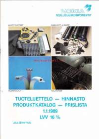 NOKIA teollisuuskomponentit.  Tuoteluettelo - hinnasto, 1.1.1989.  Muottituotteet, kumilevyt ja matot, muotonauhat, kiilahihnat. Myyntiesite.