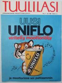 Tuulilasi 1968 nr 7 -mm. Kannessa Uniflo oil, Suomalainen salomontuomio kummatkin syyllisiä, Koeajossa Vespa 125 Primavera, Timo Mäkinen pyrkii politiikkaan,