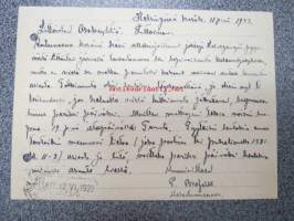 Kalastusneuvos G. Brofeldt / Littoinen Oy 11.6.1923 -kirjekortti virkapostina koskien Littoistenjärven mahdollisuuksia kalanviljelyyn, omakätinen allekirjoitus