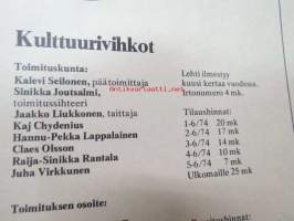 Kulttuurivihkot - taisteleva kulttuurilehti 1974 nr 4, sis. mm. seur. artikkelit; Taide kuuluu kansalle, Esko-Juhani Tennilä - toisenlaista Pohjolaa - Muurmanskin