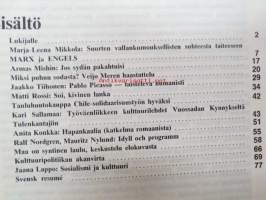 Kulttuurivihkot - taisteleva kulttuurilehti 1974 nr 1, sis. mm. seur. artikkelit; Marxin ja Engelsin suhde taiteeseen, Miksi puhun sodasta? - Veijo Meren