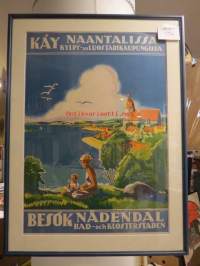 Käy Naantalissa - kylpy- ja luostarikaupungissa / Besök Nådendal - bad- och klosterstaden -kehystetty matkailujuliste 1930-luvun lopusta