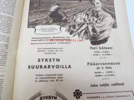 Kotiliesi 1945 nr 15-16, sis. mm. seur. artikkelit / kuvat / mainokset; Kansikuva - sommitellut Doris Bengström, Marja-Liisan villapuku pannaan alulle hyvissä