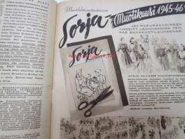 Kotiliesi 1945 nr 15-16, sis. mm. seur. artikkelit / kuvat / mainokset; Kansikuva - sommitellut Doris Bengström, Marja-Liisan villapuku pannaan alulle hyvissä