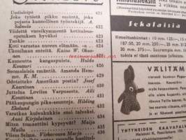 Kotiliesi 1945 nr 15-16, sis. mm. seur. artikkelit / kuvat / mainokset; Kansikuva - sommitellut Doris Bengström, Marja-Liisan villapuku pannaan alulle hyvissä