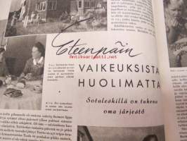 Kotiliesi 1945 nr 19,  Kansikuva Martta Wendelin (nainen kerää syksyn satoa)  Askon Tehtaat - Lahti, Huhtamäki-yhtymä Oy maistiaishuone. Ajankuvaa syksy 1945