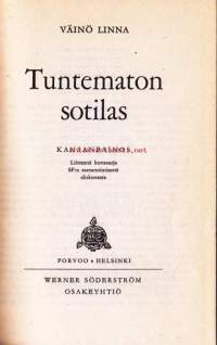 Tuntematon sotilas, 1956. Kansanpainos. Liitteenä kuvasarja SF:n samannimisestä elokuvasta. Mukana myös ex-libris MV.