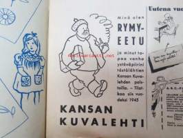 Kotiliesi 1945 nr 1, sis. mm. seur. artikkelit / kuvat / mainokset; Kansikuva Martta Wendelin, Kirjomme Tytin mekkoa, Oh! Oikeata kahvia, Maaseudun jälkikasvua