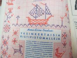 Kotiliesi 1945 nr 2, sis. mm. seur. artikkelit / kuvat / mainokset; Kansikuva sommitellut Doris Bengström, &quot;Omenankorjuu&quot; ja &quot;Satulaiva&quot; ristipistomallit