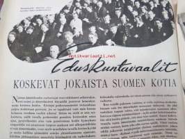 Kotiliesi 1945 nr 3, sis. mm. seur. artikkelit / kuvat / mainokset; Kansikuva sommitellut Doris Bengström, Kastemekon kirjontamalli, Eduskuntavaalit koskevat