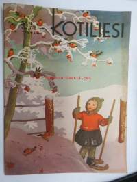 Kotiliesi 1945 nr 4, sis. mm. seur. artikkelit / kuvat / mainokset; Kansikuva Martta Wendelin, Pehmoinen neulepusero tähdelangoista ja kaniininkarvoista, Suomen