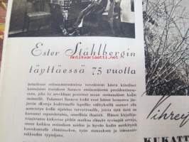 Kotiliesi 1945 nr 4, sis. mm. seur. artikkelit / kuvat / mainokset; Kansikuva Martta Wendelin, Pehmoinen neulepusero tähdelangoista ja kaniininkarvoista, Suomen
