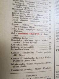 Kotiliesi 1947 nr 3 (kansi Martta Wendelin), miten sijaat hetekasi, yhdessäkin huoneessa voi asua kodikkaasti, luonto koristaa maljakon talvellakin, hiha kysyy