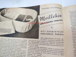 Kotiliesi 1943 nr 18, Kansikuvan sommitellut Doris Bengström; auhe perunakori ja silakkatynnyri.  Ruokailunurkkauksen välttämättömät. Ajankuvaa syksy 1943