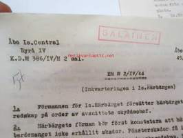 Åbo Is. Central Byrå IV -Turun Ilmasuojelukeskuksen käskyjä 4kpl ajalta 6.6.-18.6.1944, salaiseksi leimattuja, koskevat sen toimintaa, ruotsinkielisiä
