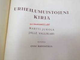 Urheilumuistojeni kirja - tyhjä kirja, jossa sivut henkilötiedoille ym., kotipaikka, opinnot ja työ jne. edeten urheiluharrastukeen ja sen vaiheisiin - tämä