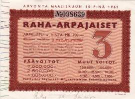 Raha-arpa 10. maaliskuuta 1961; arpalippu