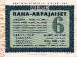 Raha-arpa 10. kesäkuuta 1960; arpalippu