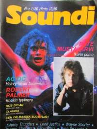 Soundi 1986 nr 1, Pate Mustajärvi Ikurin pomo, AC/DC, Ropert Palmer, Bob Dylan, Sleepy Sleepers