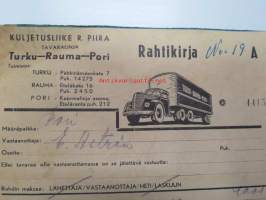 Kuljetusliike R. Piira Tavaralinja Turku-Rauma-Pori -rahtikirjat