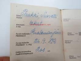 Suomen Ammattiyhdistysten Keskusliitto SAK / Suomen Rakennustyöläisten Liitto ry jäsenkirja 1950 Taavetti Paakki, syntynyt 1892 Kuolemajärvi