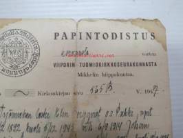 Papintodistus korvausta varten Viipurin Tuomiokirkkoseurakunnasta v. 1947, Helsinki 23.2.1947, työmiehen leski Elin Bergqvist, allekirjoitus K.A. Santavuori