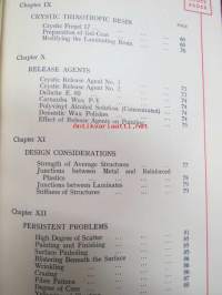 Polyester Handbook 1957 -muovin / lasikuidun voittolulun alkutaipaleen kirja, jossa selostetaan teknisiä ominaisuuksia, työstettävyyttä, muotoilua jne.,
