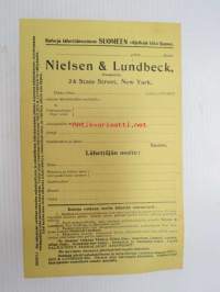 Nielsen &amp; Lundbeck, pankkiirit, New York -rahanlähetys- ja mainospainate suomalaisille siirtolaisille näiden lähettäessä rahaa Suomeen, kurssilista,