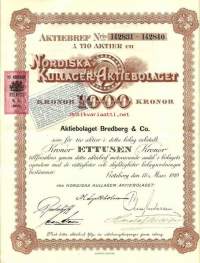 Nordiska Kullager  Ab 1000 kr,  Göteborg 1919 - osakekirja