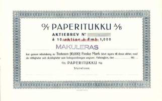 Paperitukku Oy 10 000 mk 194x - bl  osakekirja