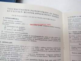 UPO paineputkiluettelo -talonrakennustoimintaan käytettyjen valurautaisten paineputkien ja niihin kuuluvien muotokappaleitten normit (kv. normien 1951 mukaan),