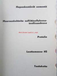 Erikoislaasteja ja -massoja - Haponkestävät sementit, Pretollin massat, Laattalaasti HS, taulukoita.
