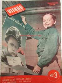 Viikkosanomat 1949 nr 3, sis. mm. seur. artikkelit / kuvat / mainokset; Nuori haukansilmä, Jää virtaa, Kamera on kiertänyt, Jacouelinen muotokuva, Kuurous ei