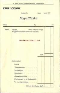 Kalle Jokinen, Sortavala  bl Myyntilasku  191x - firmalomake