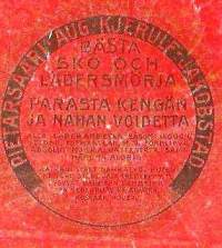 Parasta nahan ja kengän voidetta tuote-etiketti, painettu Björkellin kivipainossa 1900-luvun vaihteessa