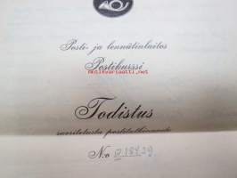 Posti- ja lennätinlaitos - Postikurssi - Todistus suoritetusta postitutkinnosta No IV18439 R.E.A. 5.12.1947