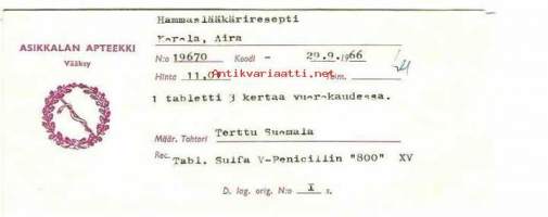 Asikkalan Apteekki, Vääksy  - reseptiliuska reseptipussi 1966