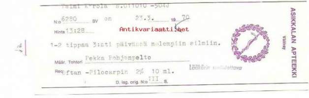 Asikkalan Apteekki, Vääksy  - reseptiliuska reseptipussi 1972