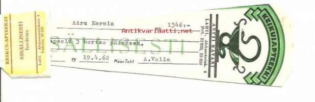 Keskusapteekki Antti Ravani, Lahti -  reseptiliuska 1962