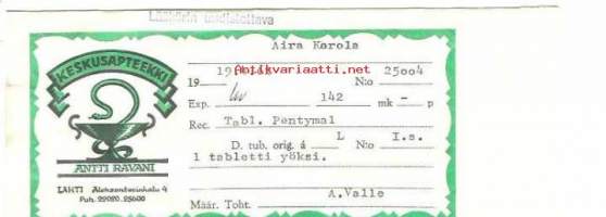 Keskusapteekki Antti Ravani, Lahti -  apteekkipussi, reseptiliuska 1962