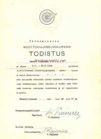 Varusmiesten Moottoriajoneuvokurssin todistus 4. Erillisessä Autokomppaniassa  - todistus