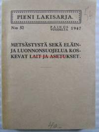 Metsästystä sekä eläin- ja luonnonsuojelua koskevat lait ja asetukset - pieni lakisarja No 52 1947