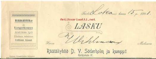 Räätäliyhtiö D.V.Söderholm ja kumpp:t Turku 1901 -  logo  leikattu firmalomake