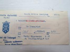Puutorin Apteekki, Turku, 1.8.1963 Apoteket vid Trätorget -apteekkisignatuuri / lääkepussi